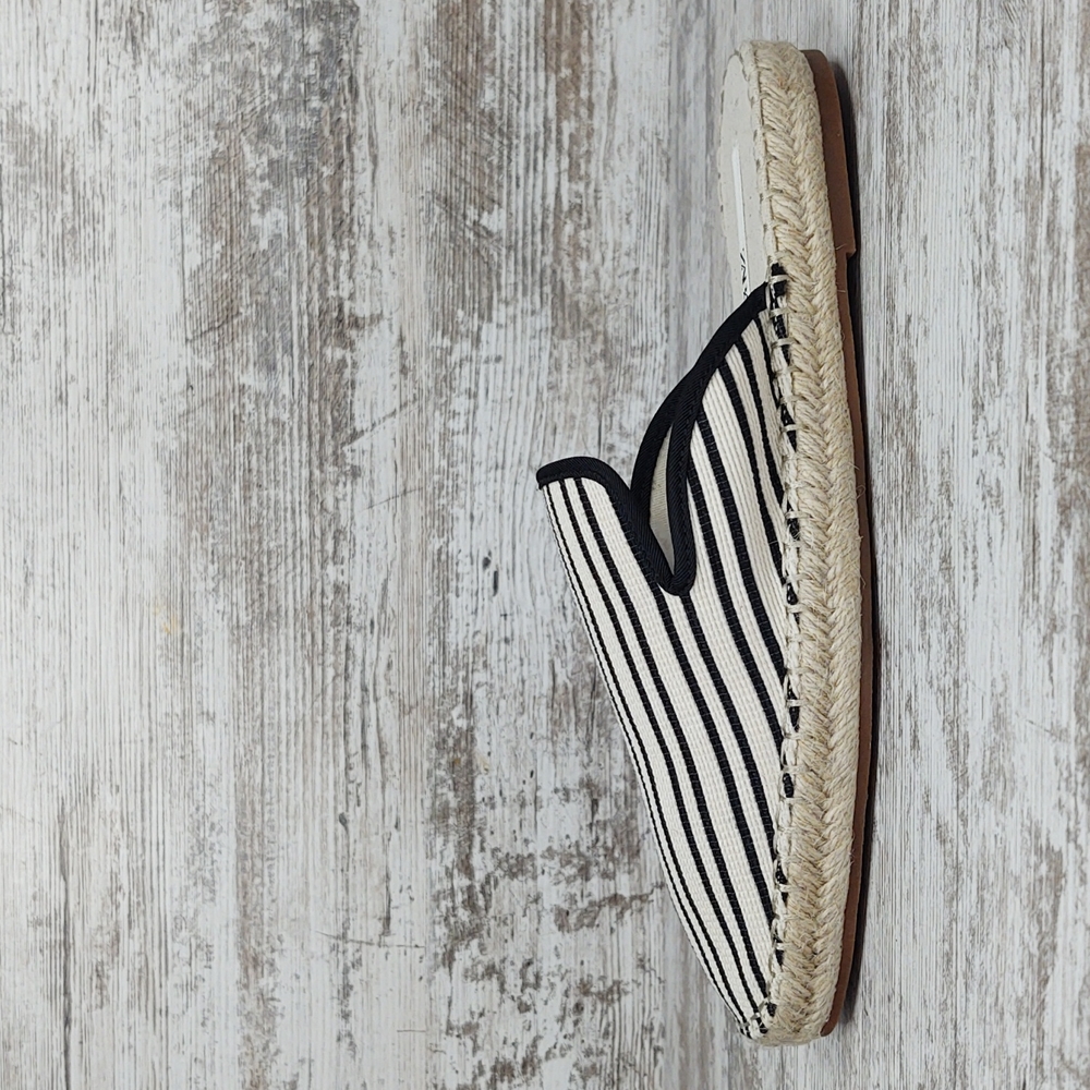 🟦Sz38 NWOT Zara Black Cream Canvas Striped Slide Espadrille Mules